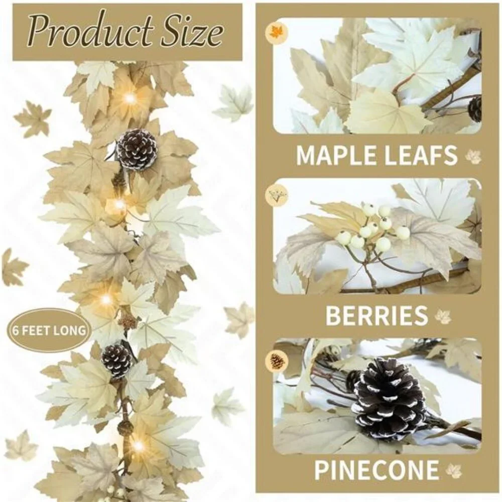 Fall Garland Maple Leaf with Lights 6FT, Hanging Vine Garland